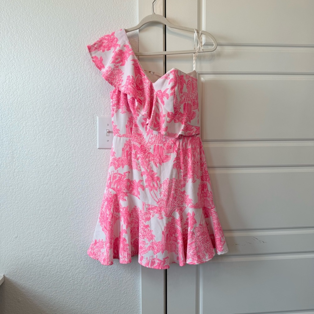 Lilly Pulitzer Pink & White One-Shoulder Ruffle Romper - Picture 4 of 6